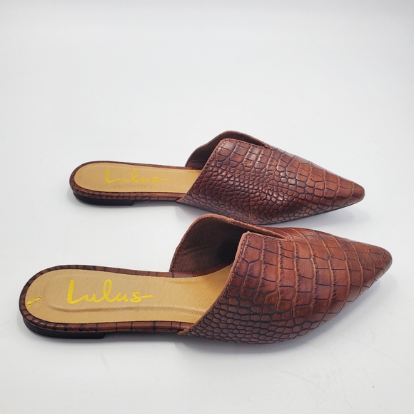 Lulu's Jaelyn Brown Crocodile Embossed Pointed-Toe Slides Boho Flats - Picture 4 of 7